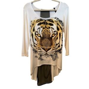 Wild Tiger Print Long Sleeve Top Tunic 3/4 Sleeves Made in the USA Sz L